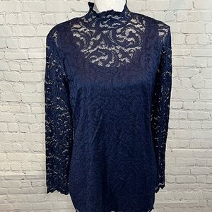 ISAAC MIZRAHI Blouse High Neck Lace Navy Blue-Medium